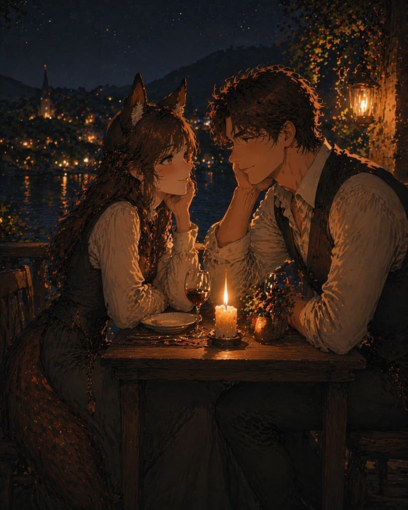 Illustration of two people sharing a candlelit dinner on a balcony overlooking a city at night.